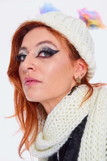 Rainbow Gothic Alternative Style Pom Pom Scarf & Hat Set In Cream