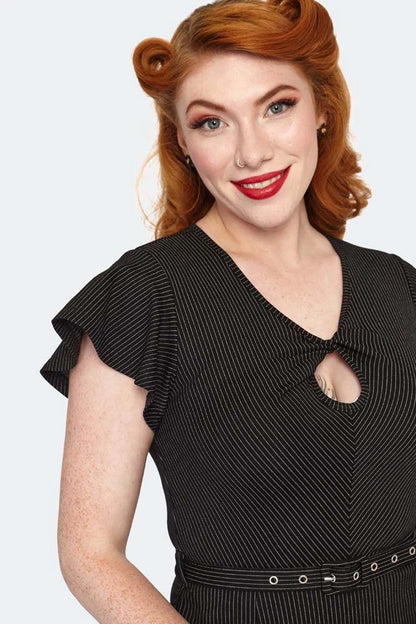 Pinstripe Flutter Sleeve Front Twist Flare Retro Vintage style Dress