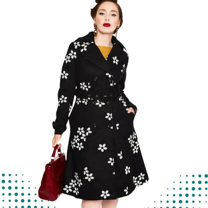 Women Retro Floral Flocked Double Breasted Coat Vintage Style Fashion