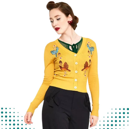 Women Retro YELLOW WOODLAND EMBROIDERED CARDIGAN Vintage Style Cardigan