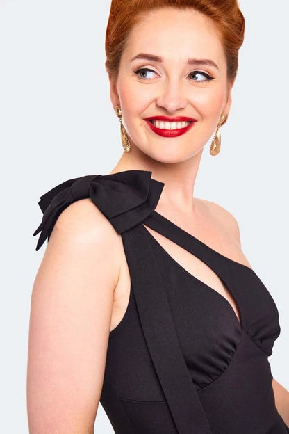 Retro BLACK ONE SHOULDER FLARE DRESS Vintage Style