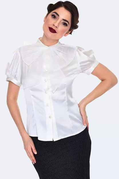 Retro Vintage Style Satin Blouse With Organza Bow