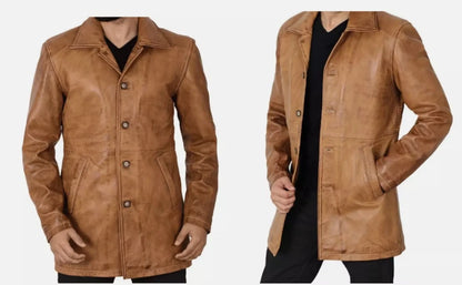 Genuine Leather Mens Camel 3/4 Length Car Winter Coat for Men - Mens Trench Coat