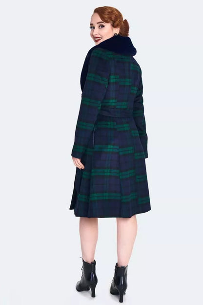 Women Retro Tartan Flare Coat with Fur Collar Vintage Style Fashion