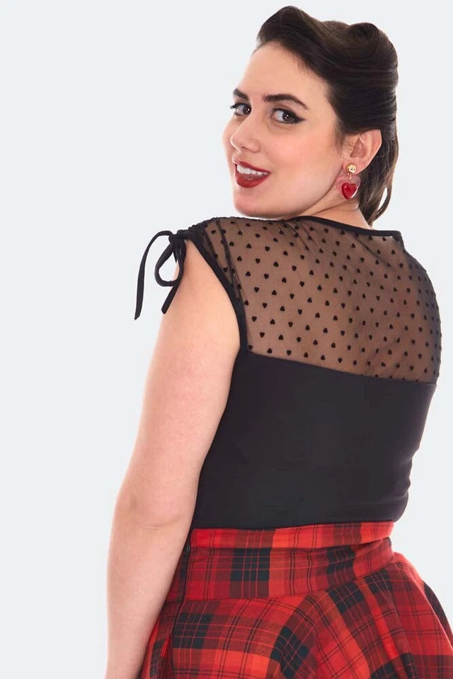 Retro Heart Patterned Vintage Style Mesh Sleeveless Top