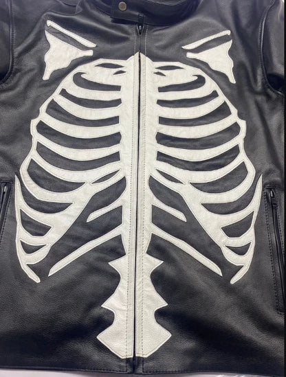 Men's Leather Jacket Skeleton Bones Biker Motorcycle Real leather Jacket Coat