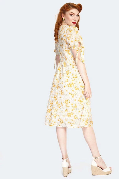 Retro Vintage Style Tie Sleeve Floral Pattern Flare Dress