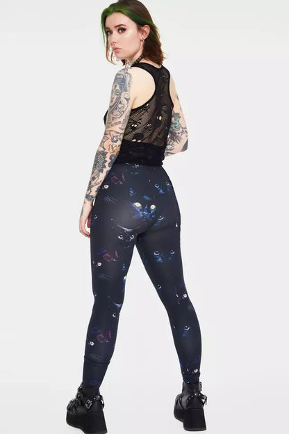 Ladies New Gothic Punk Salem Leggings Alternative Chic Cat Print