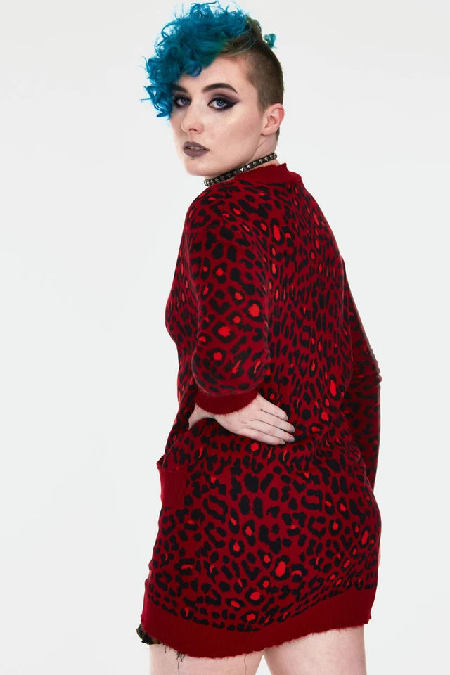 Alternative Fashion Style Maneater Red Leopard Print Oversized Gothic Cardigan