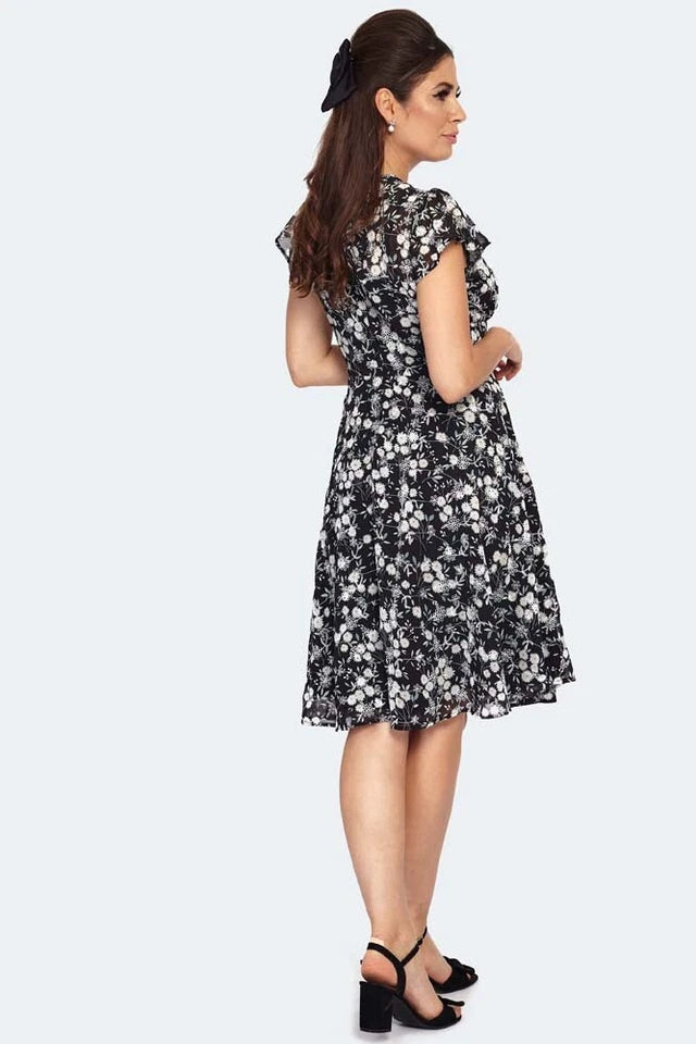 Floral Embroidery Chiffon Flutter Sleeve Retro Vintage Style Flare Dress