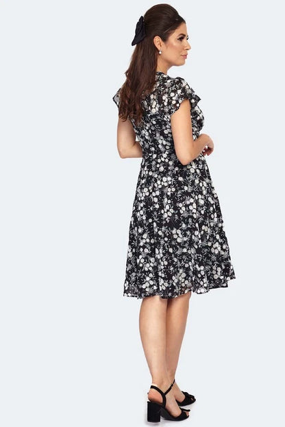 Floral Embroidery Chiffon Flutter Sleeve Retro Vintage Style Flare Dress