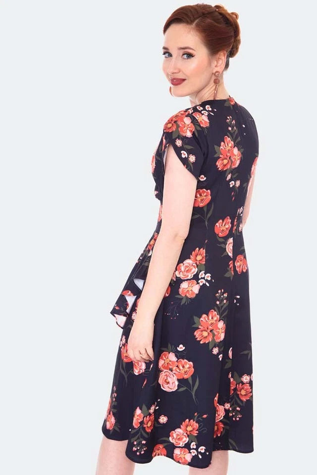 Women Retro Floral RUFFLE FLARE Vintage Style DRESS