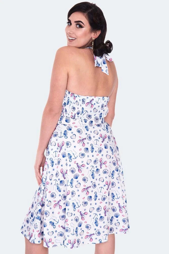 CURVE SEA PRINT HALTER NECK FLARE RETRO VINTAGE STYLE DRESS