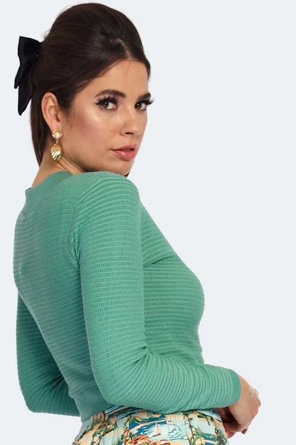 Women Retro Mint Textured Knit Crop Cardigan Vintage Style Cardigan