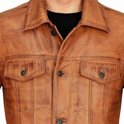 Men's Brown Tan Brown Leather Jacket Vintage Motorcycle Leather Jacket
