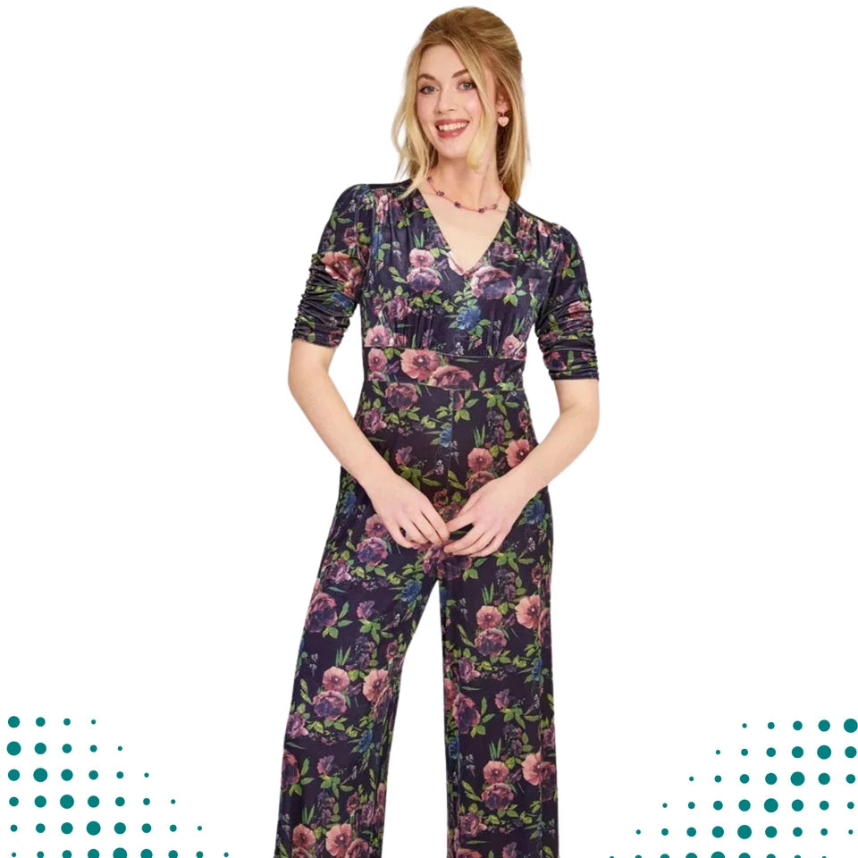 Velvet Retro Vintage Style Floral Wide Jumpsuit